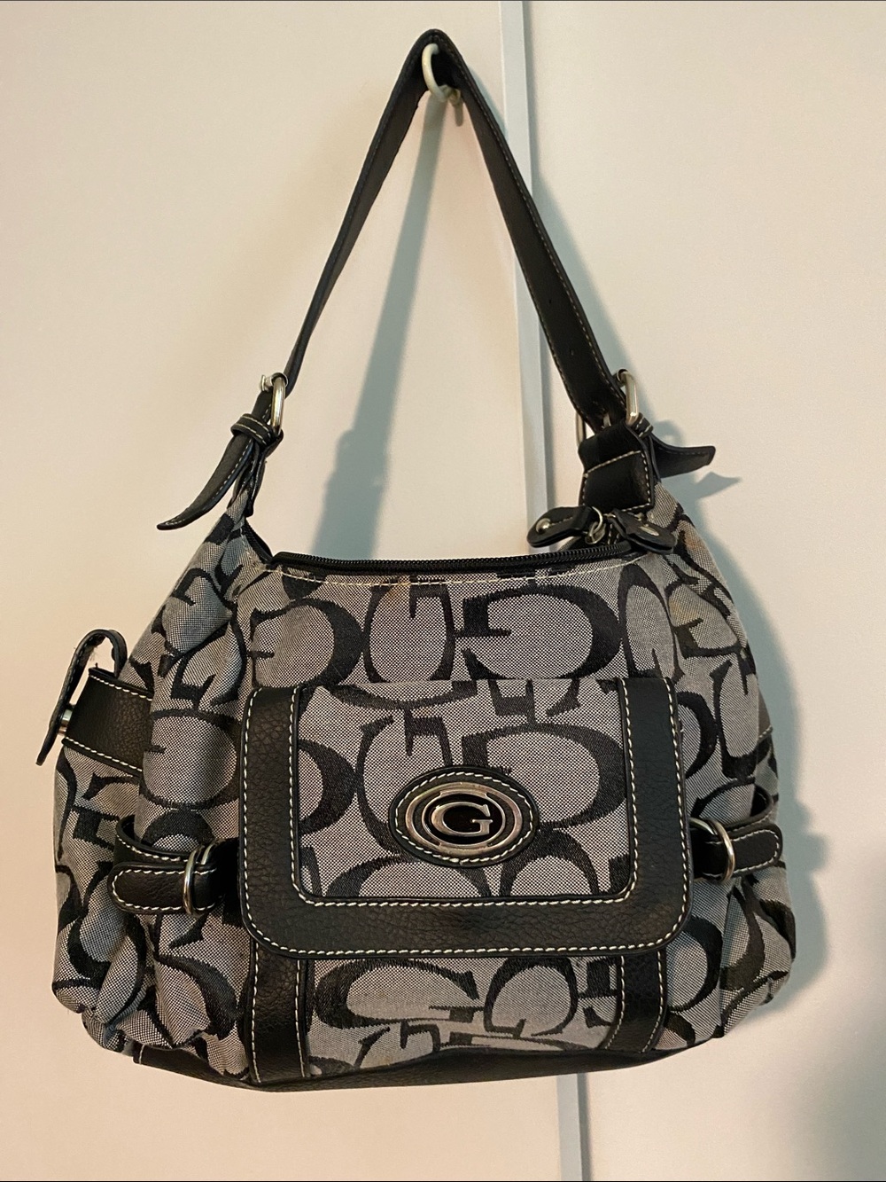 Guess Gray & Black Logo Canvas Shoulder Bag